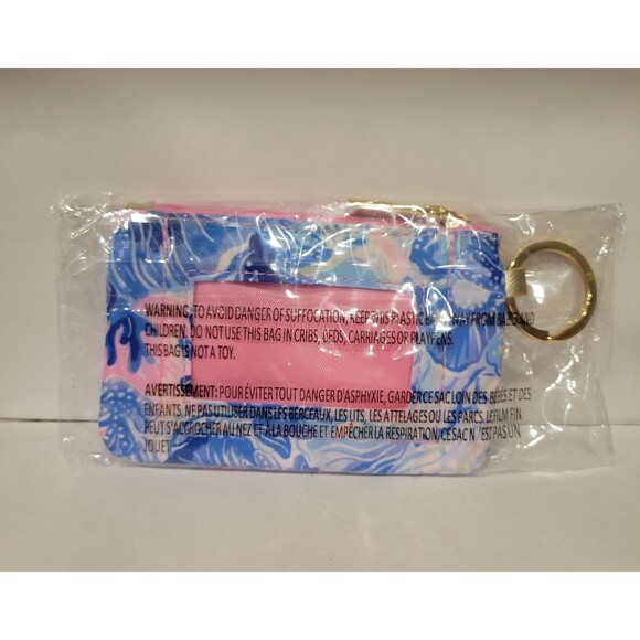 New Lilly Pulitzer Blue and Pink ID Case Key Chain Wallet Gold Tone Zip Closure - Picture 2 of 2